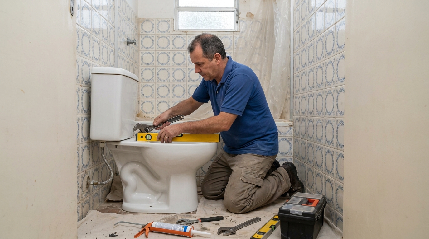 Técnico instalando vaso sanitário em Juiz de Fora‑MG